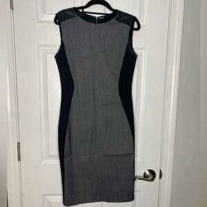 ELIE TAHARI‎ Mixed Media Sheath Dress Black/Gray With Leather Shoulder Detail